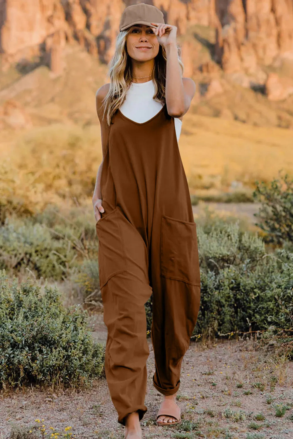 Double Take Full Size V-Neck Sleeveless Jumpsuit with Pockets in brown