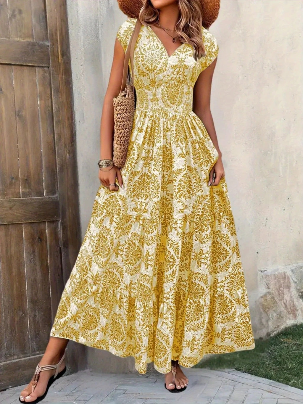 Printed Cap Sleeve Maxi Dress in yellow and white damask print with tiered skirt.