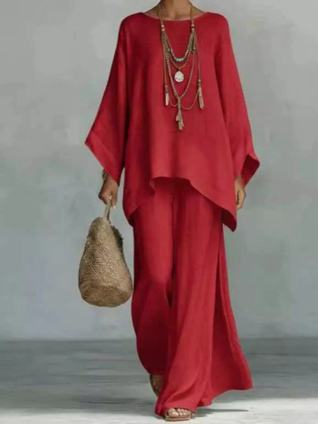 Plus Size Two-Piece Round-Neck Top & Wide-Leg Pants Set in red by Belle Bijouix