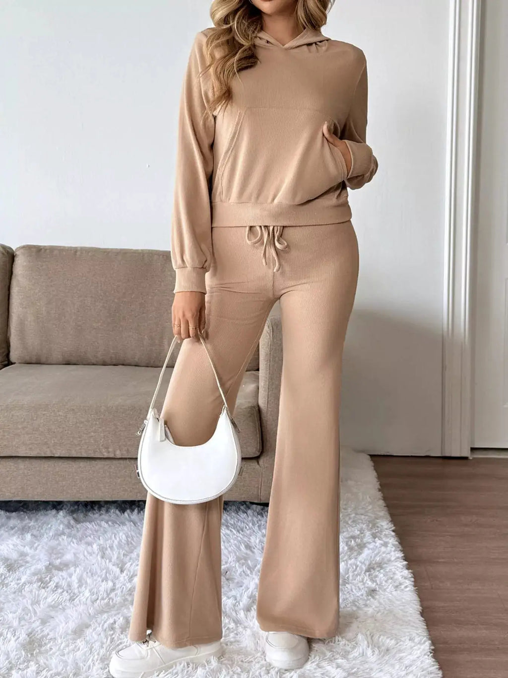 Long Sleeve Hoodie and Pants Set, beige loungewear with drawstring waist