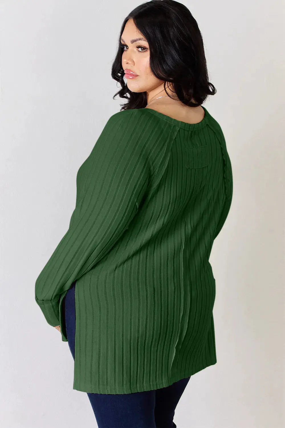 Basic Bae ribbed green round-neck tunic-length long-sleeve top with side slit