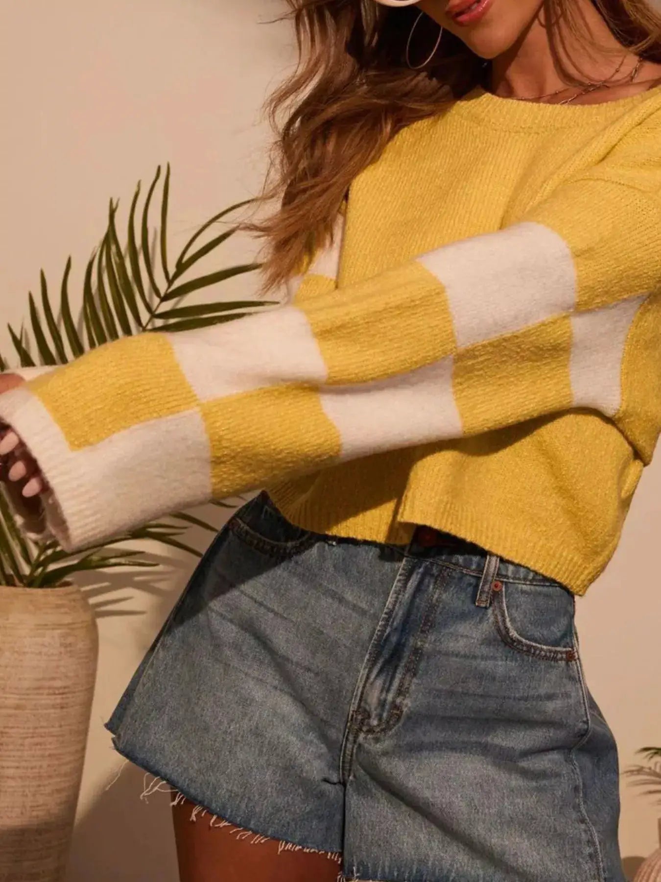 Color Block Long Sleeve Sweater, yellow and white knit, oversized fit