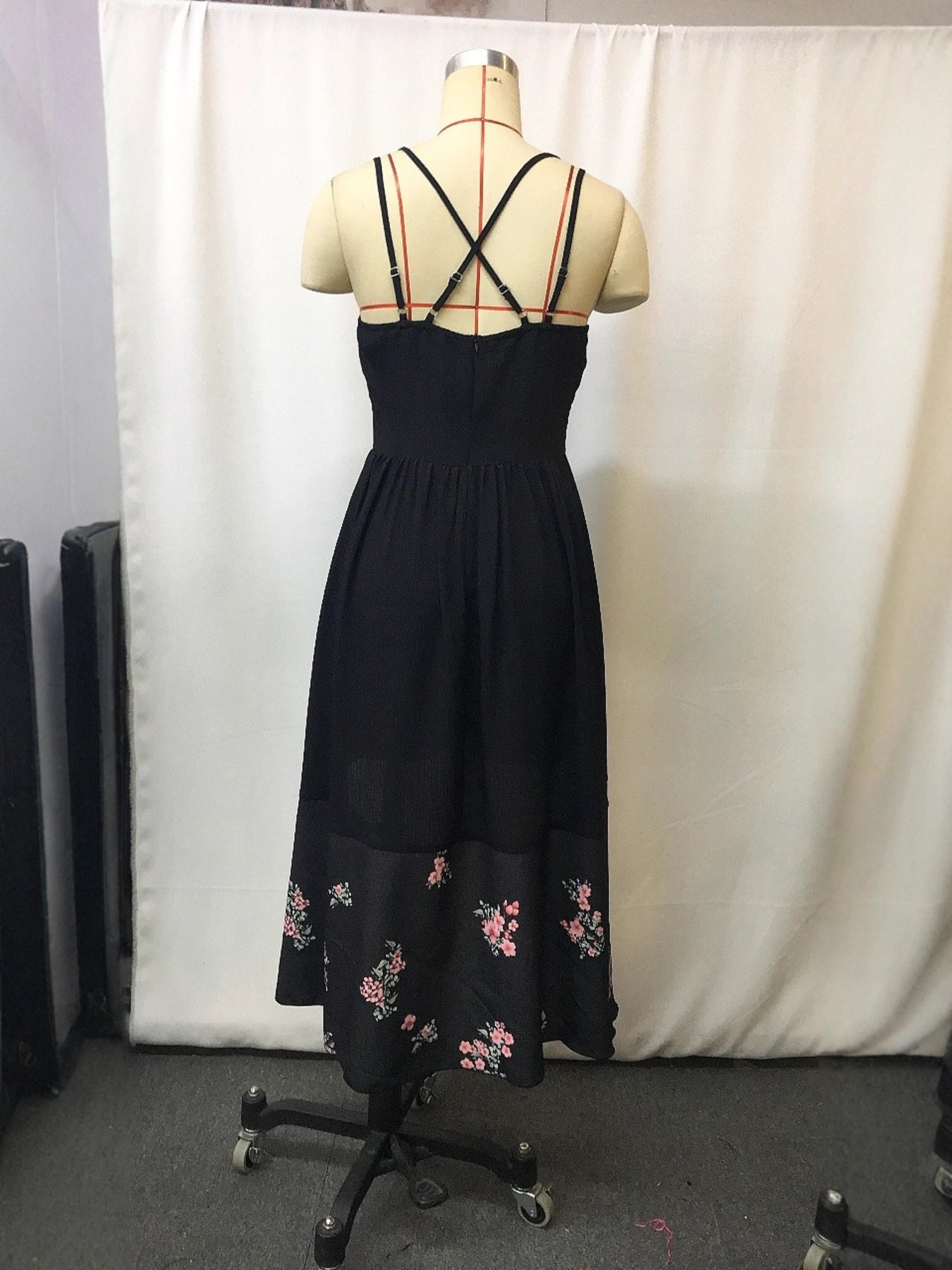 Floral Print High-Low Cami Dress by Trendsi, black bodice with crisscross back straps and pink floral hem
