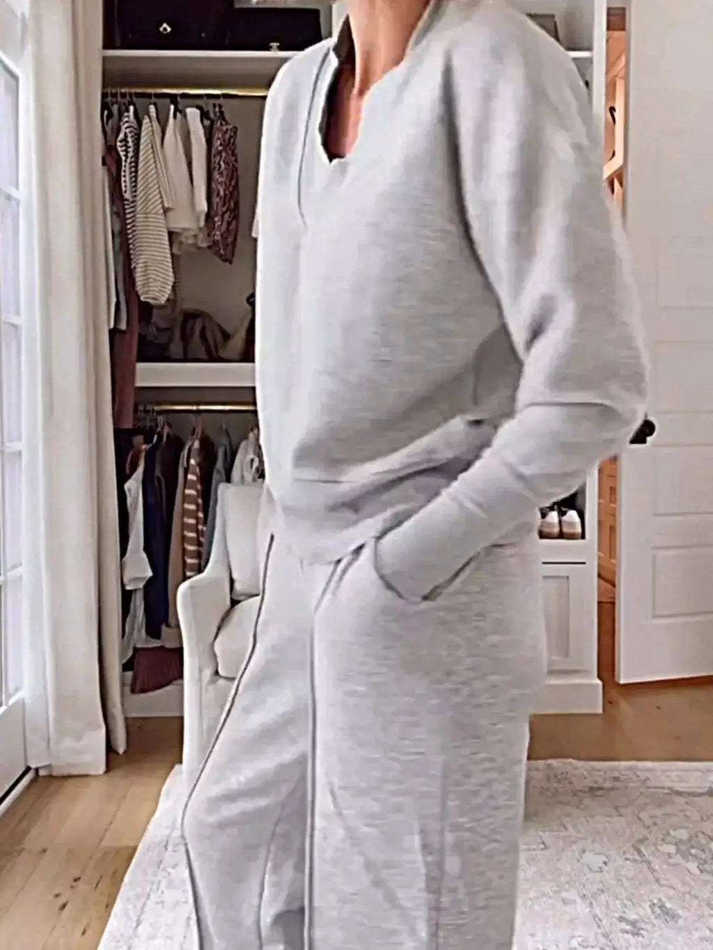 Full-Size Cozy V-Neck Top and Pants Set in gray with pockets