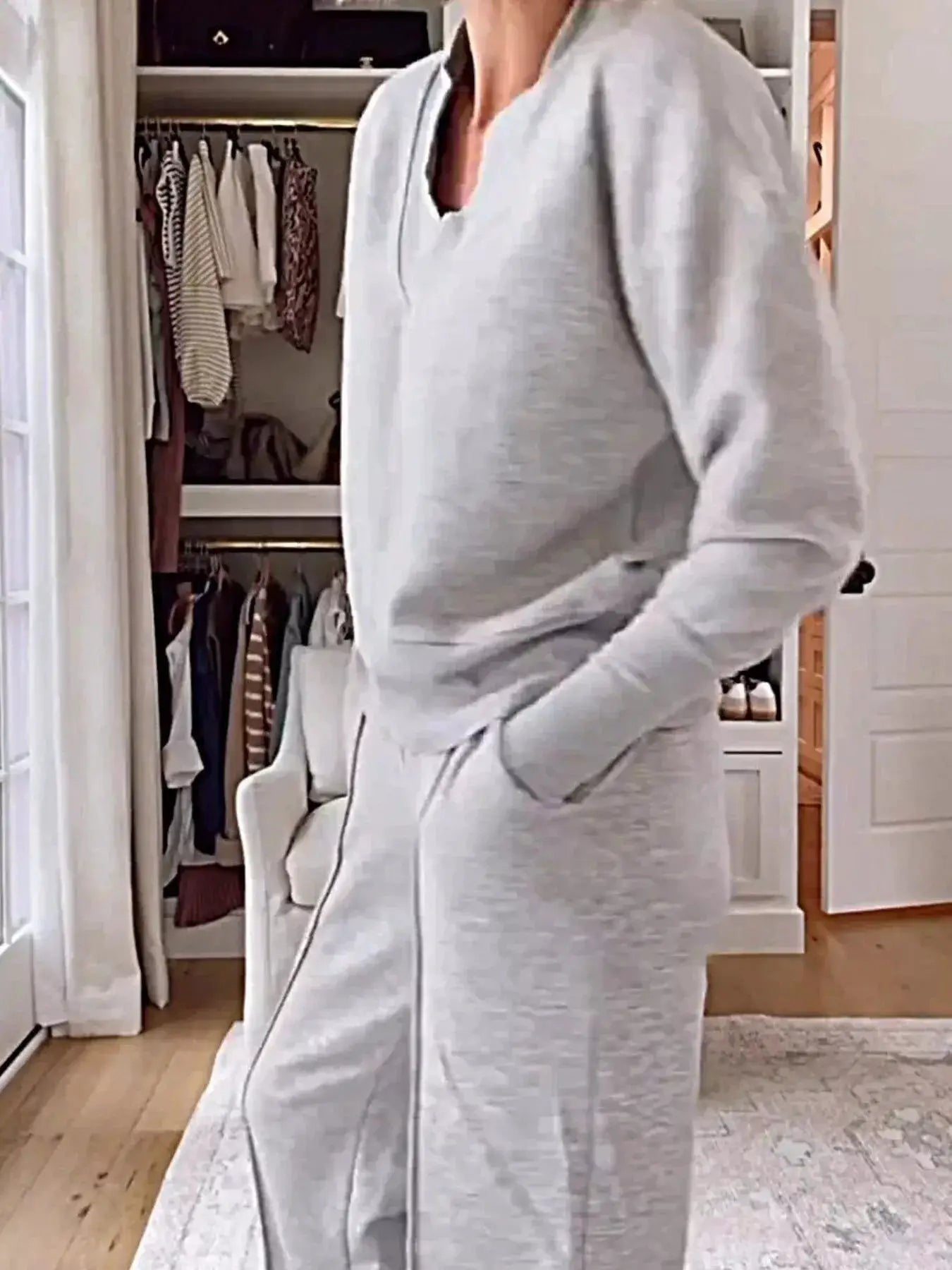 Full-Size Cozy V-Neck Top and Pants Set in gray with pockets