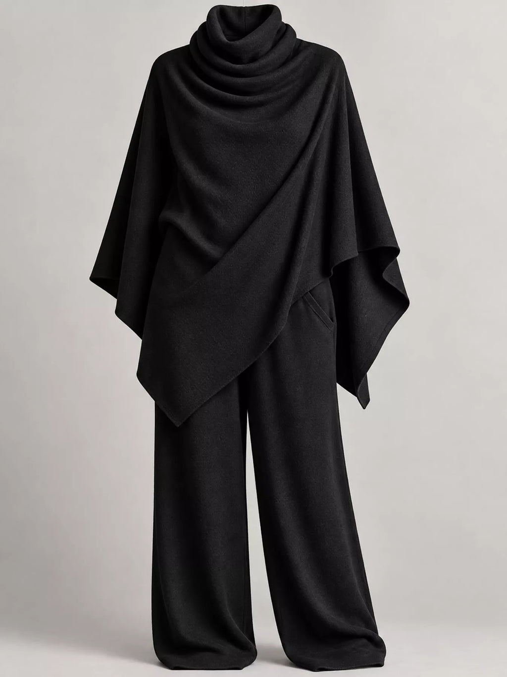 Turtleneck Poncho & Wide-Leg Pants Set in Black by Belle Bijouix – view 18 of 24