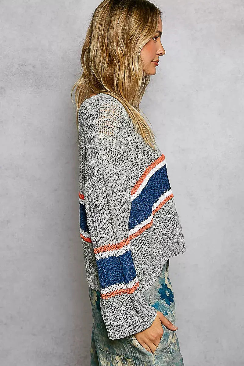 POL V-Neck Striped Pattern Cropped Knit Top by Belle Bijouix, gray knit with navy and orange stripes and cable knit detail.