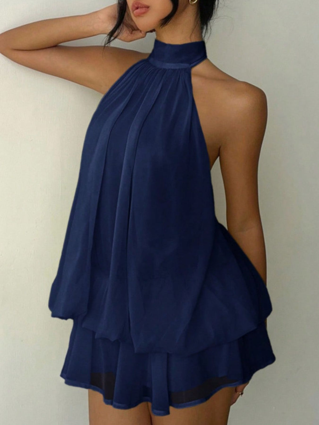 Halter Neck Layered Mini Dress in navy chiffon by Bellebijouix, tiered and tied.