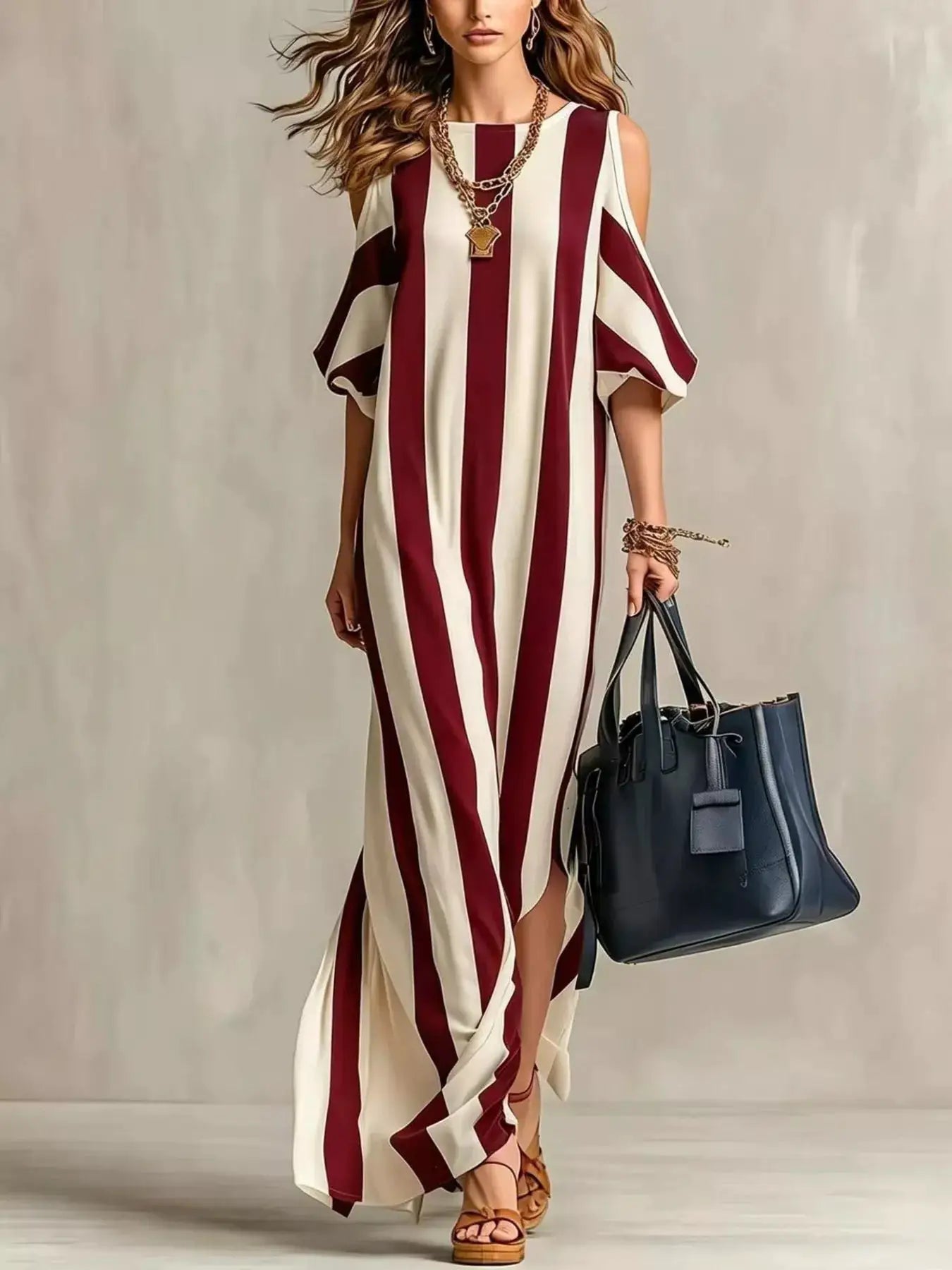 Striped cold-shoulder maxi dress with side slit in burgundy and cream, floor-length