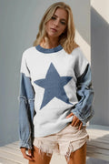 Belle Bijouix Double Take star-pattern sweater with white knit, blue star, and frayed denim sleeves