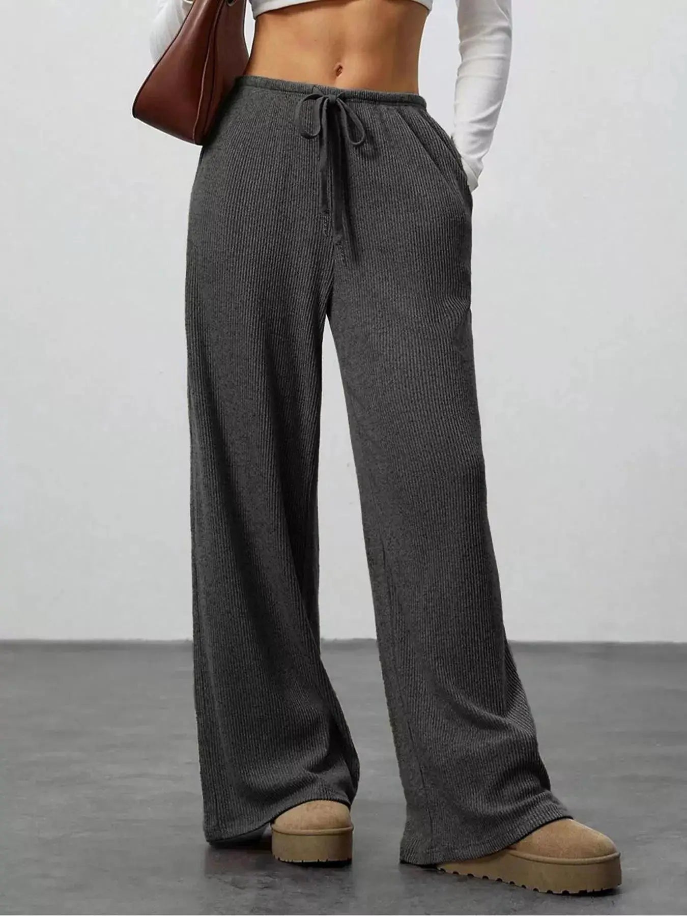 Relaxed Fit Drawstring Pants, charcoal grey ribbed knit joggers with pockets.