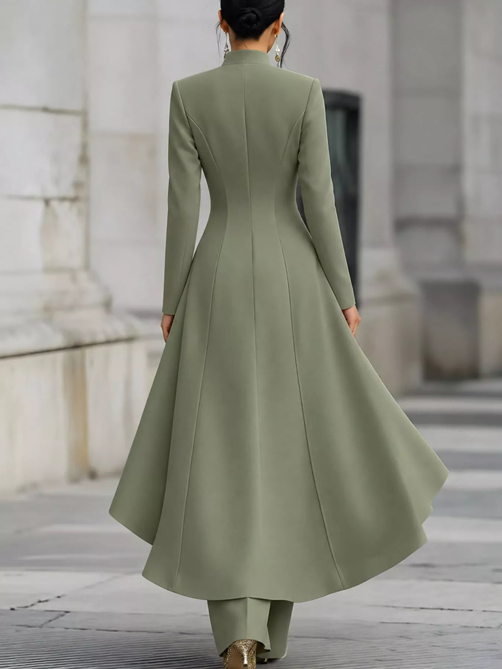 Ruffled High-Low Button Tunic & Wide-Leg Pants Set in Army Green by Belle Bijouix – view 32 of 82
