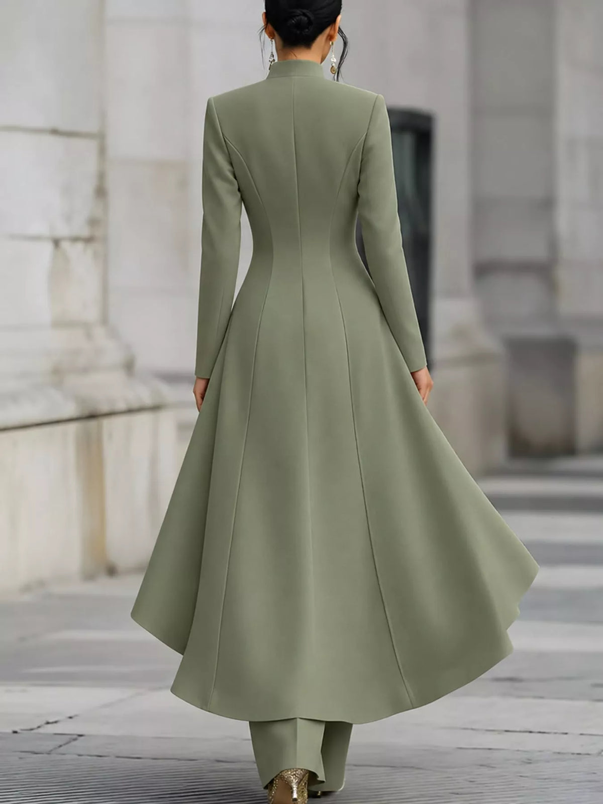 Ruffled High-Low Button Tunic & Wide-Leg Pants Set in Army Green by Belle Bijouix – view 32 of 82