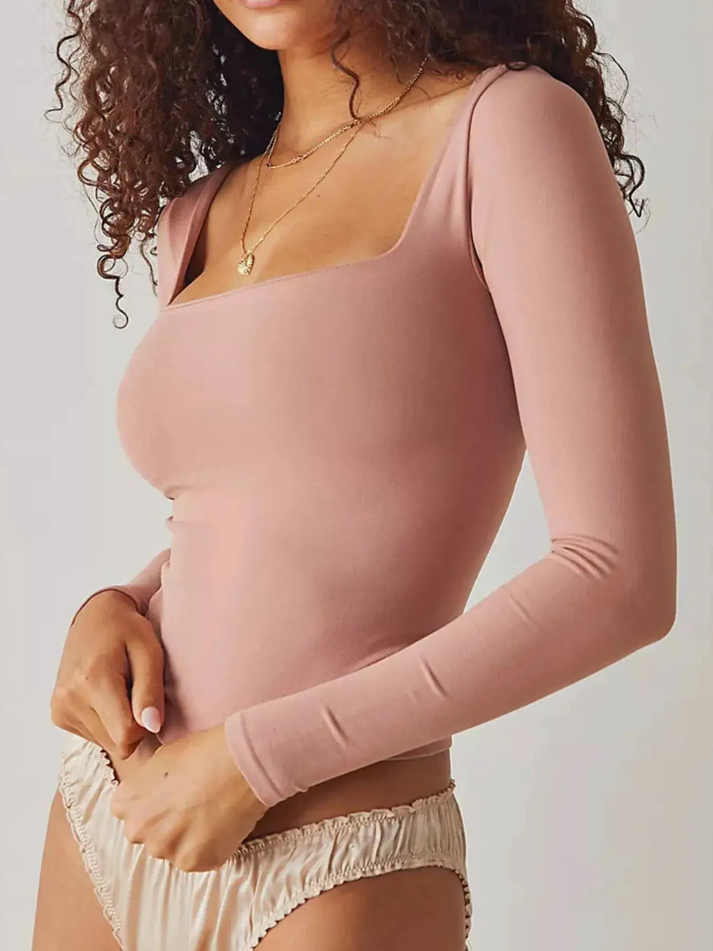 Square Neck Fitted Long Sleeve T-Shirt in blush pink by Belle Bijouix