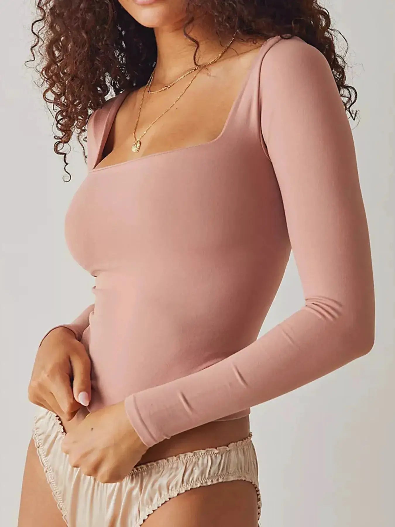 Square Neck Fitted Long Sleeve T-Shirt in blush pink by Belle Bijouix