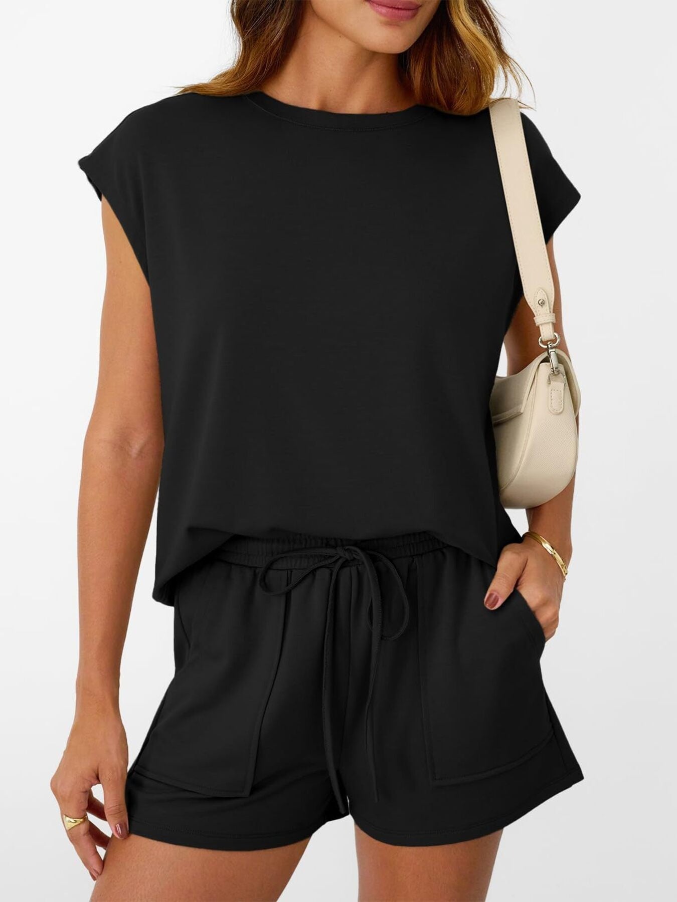 Round Neck Cap Sleeve Top and Shorts Set by Trendsi in black, 2-piece
