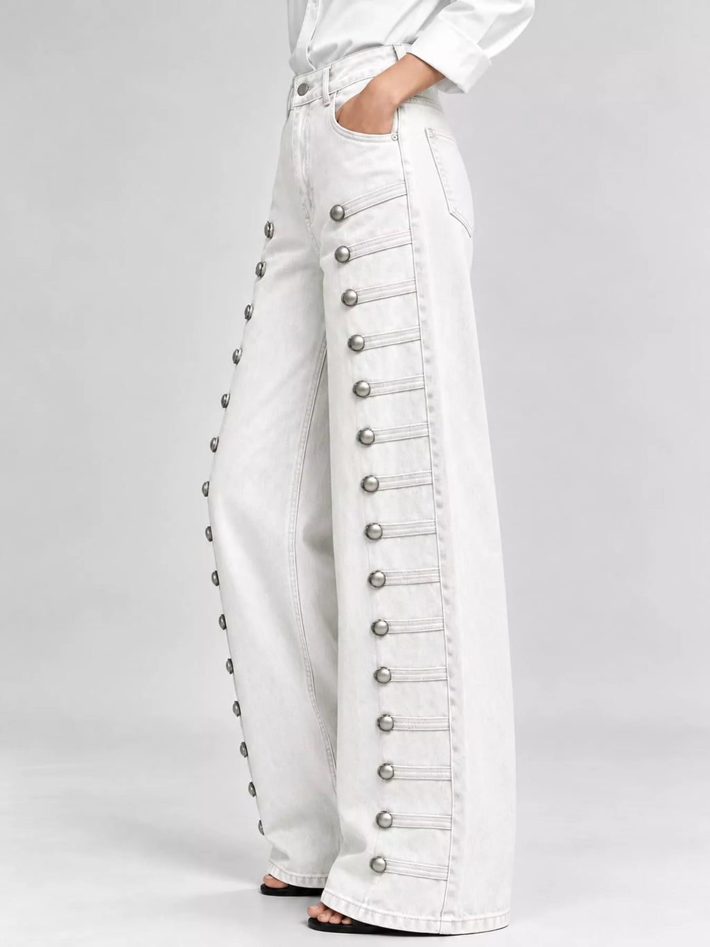 High-Waist Button Detail Wide-Leg Jeans in White by Belle Bijouix – side view