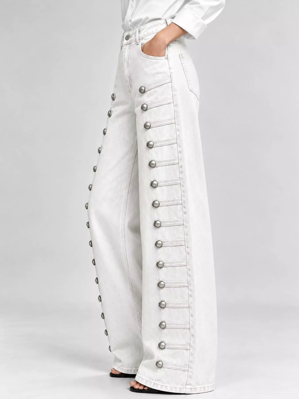 High-Waist Button Detail Wide-Leg Jeans in White by Belle Bijouix – side view