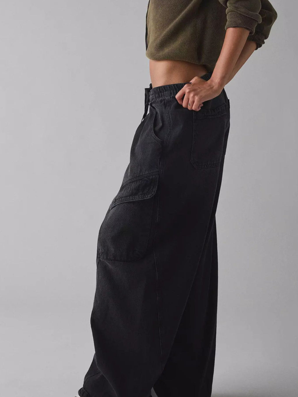 Drawstring waist cargo jeans by Trendsi in black with side cargo pocket