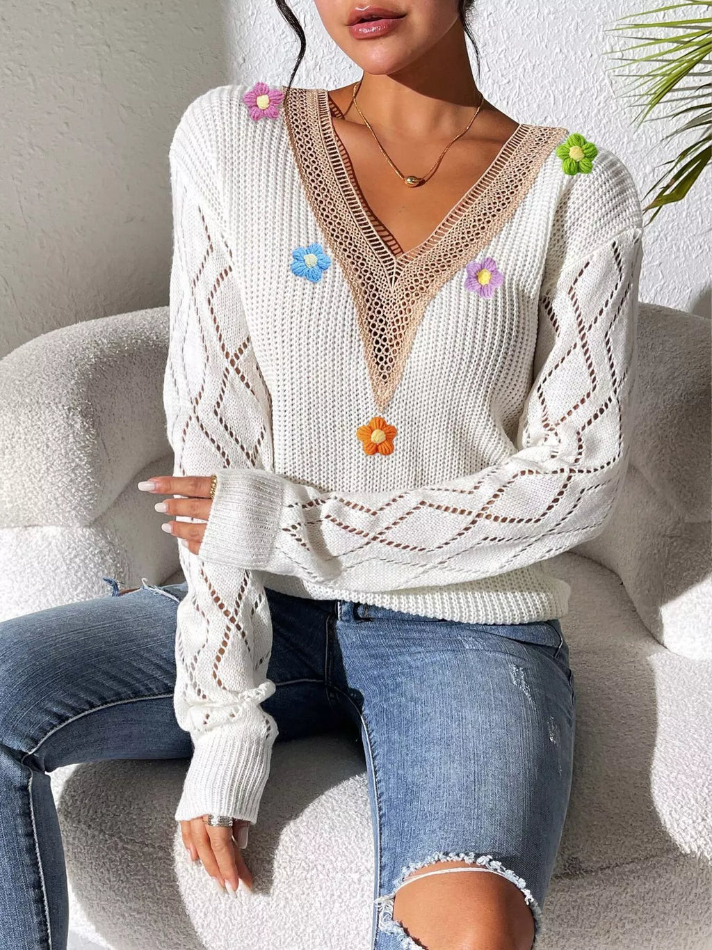 Floral Applique V-Neck Openwork Sweater