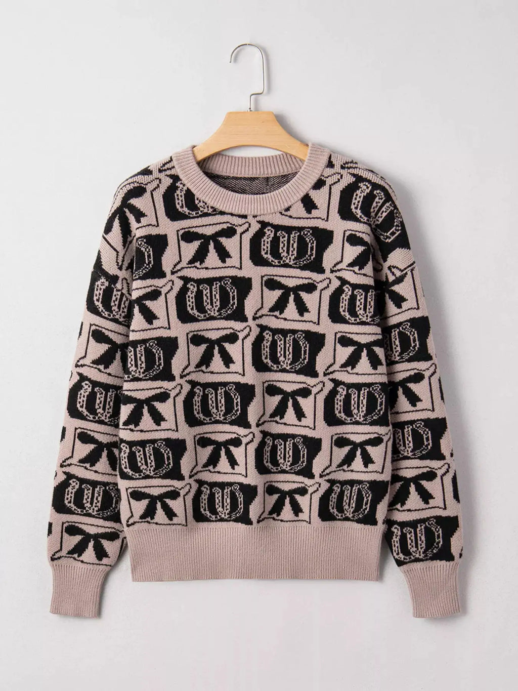 Bows & Horseshoes Pattern Round Neck Sweater by Belle Bijouix in pink-beige knit