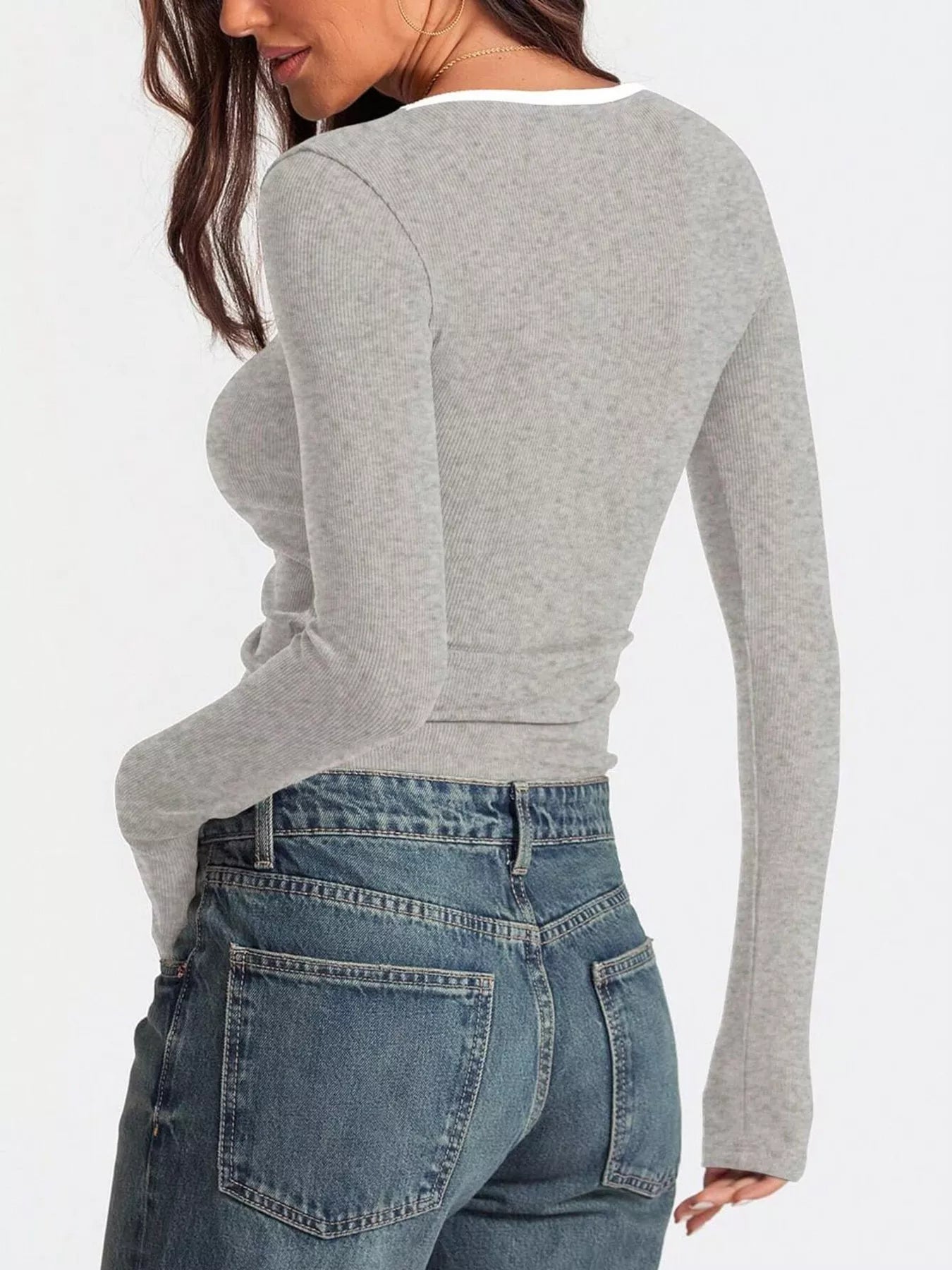 Scoop Neck Long Sleeve T-Shirt by Belle Bijouix in heather gray ribbed knit