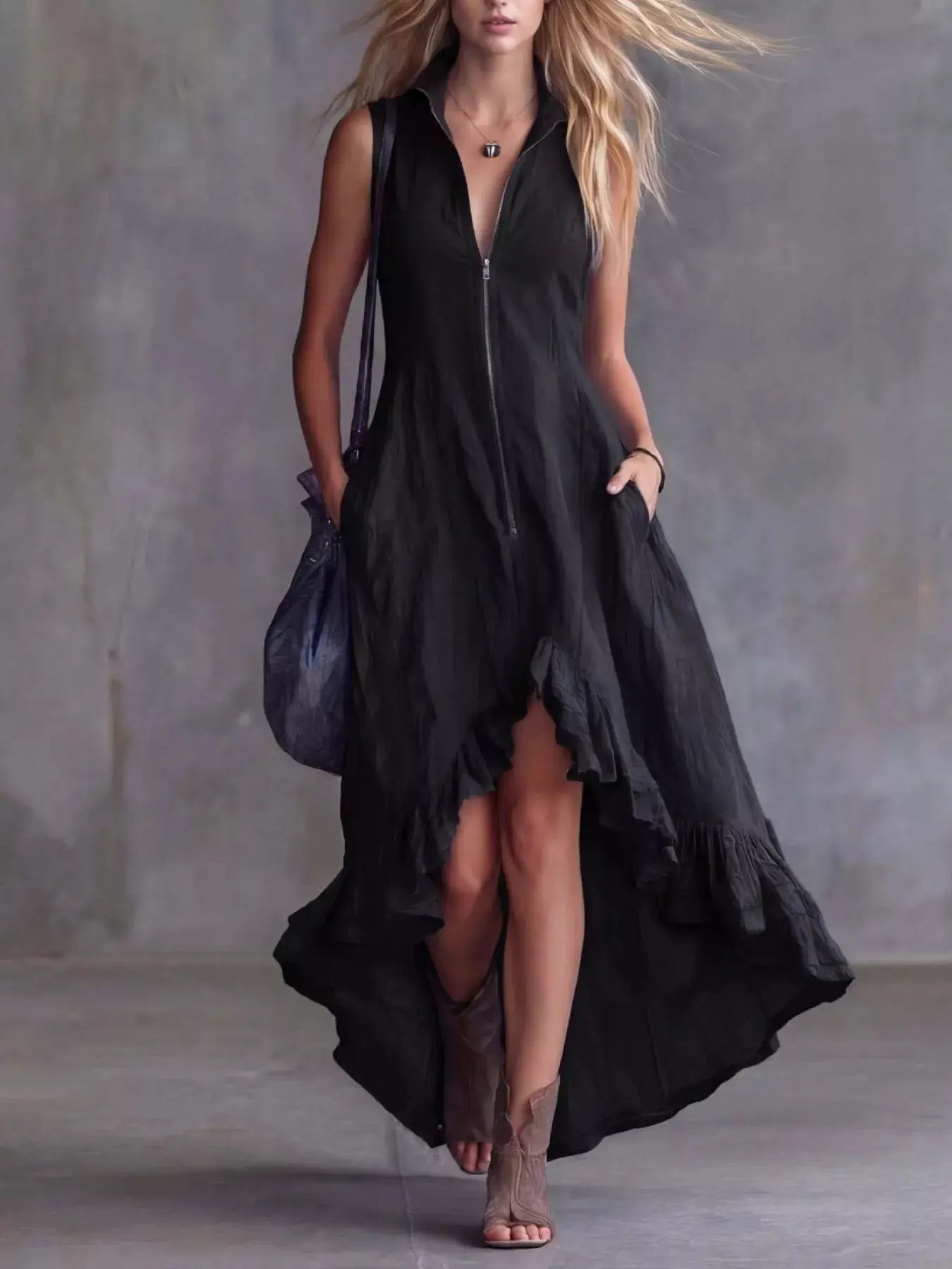 Plus size black high-low ruffled zip-front dress by Belle Bijouix; 100% polyester, machine washable.