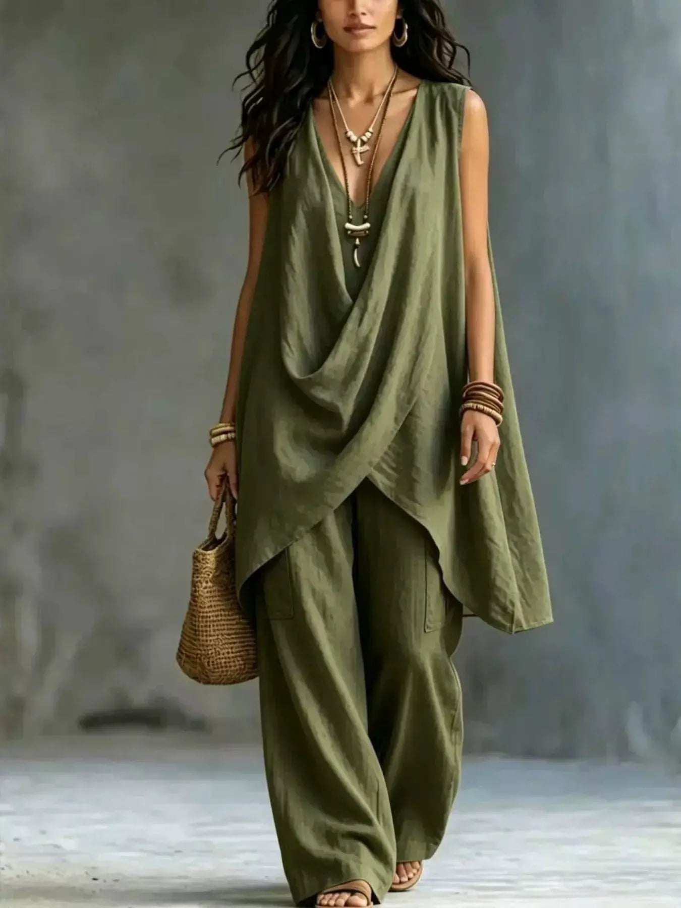 Two-piece outfit set: sleeveless draped olive-green top and wide-leg pants by Belle Bijouix.