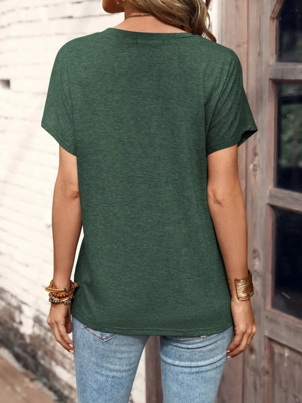 Half Button Short Sleeve Top in green by Belle Bijouix, women's shirt