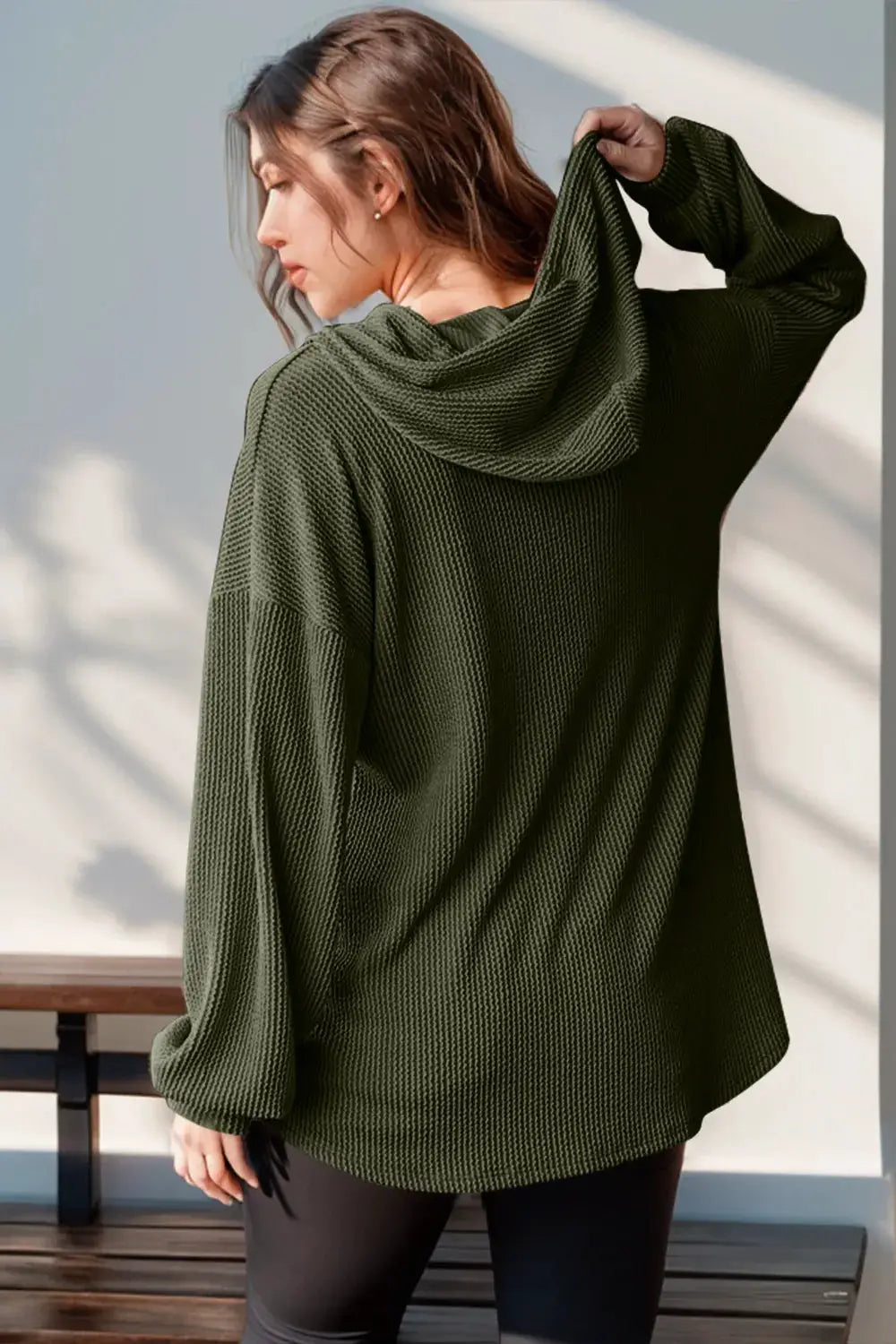 Double Take Full Size Half Button Long Sleeve Hoodie, olive-green oversized knit sweatshirt back view