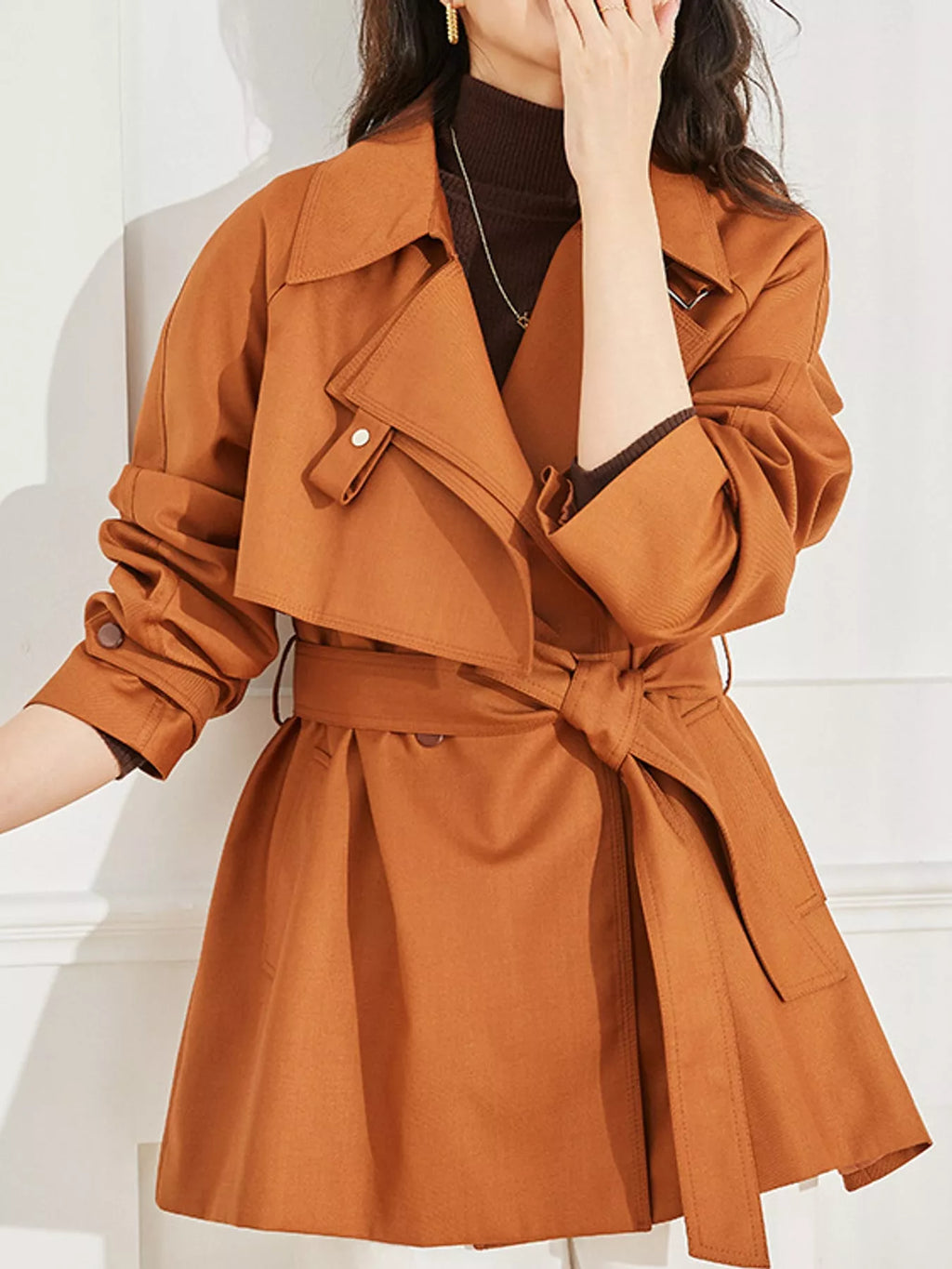 Double-Breasted Tie-Waist Short Trench Coat in Caramel by Belle Bijouix – view 3 of 20