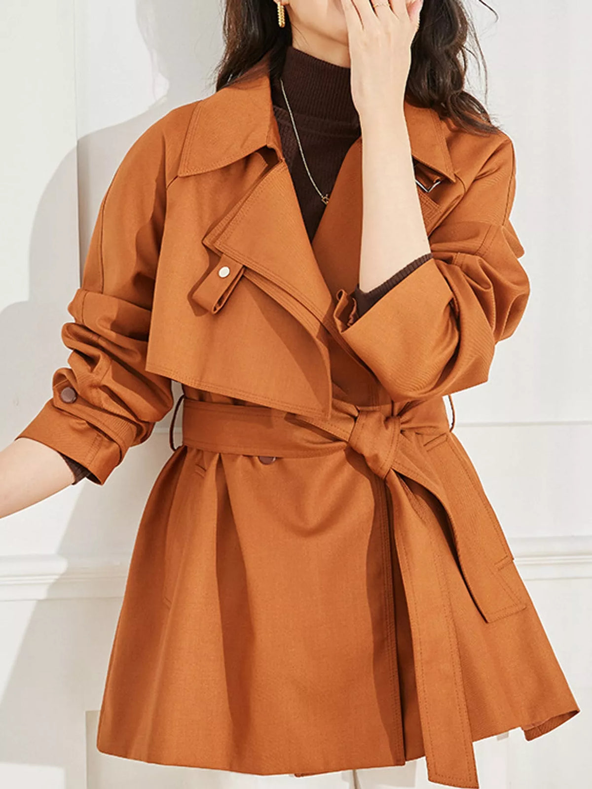 Double-Breasted Tie-Waist Short Trench Coat in Caramel by Belle Bijouix – view 3 of 20