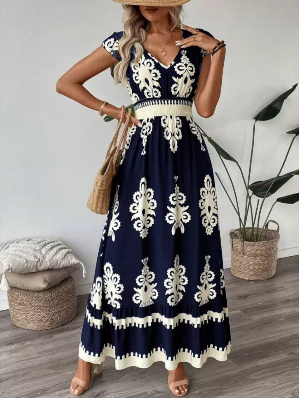 Printed V-Neck Cap Sleeve Dress in navy with white ornate pattern and smocked waist