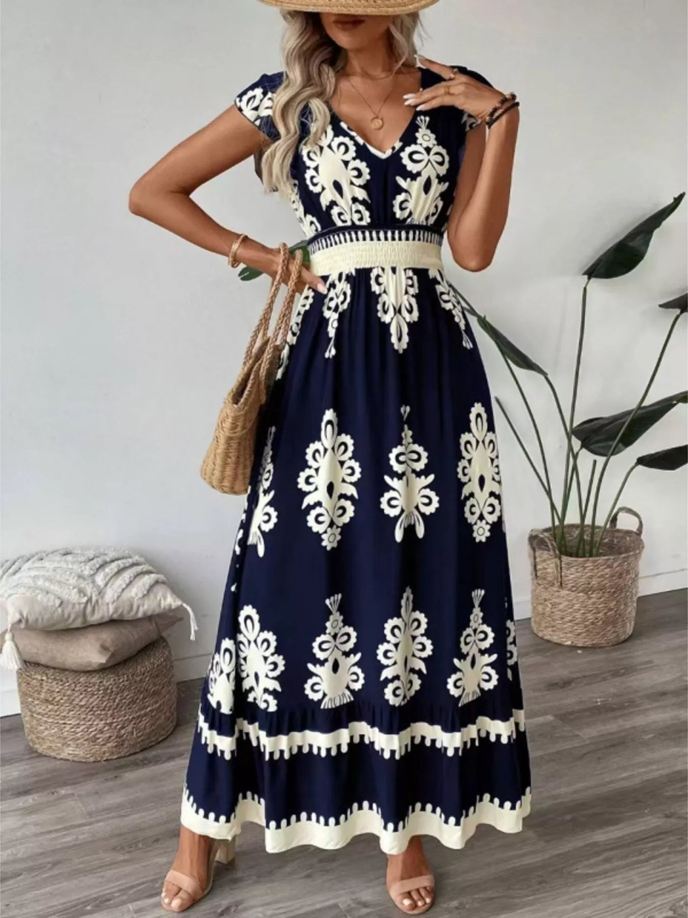 Printed V-Neck Cap Sleeve Dress in navy with white ornate pattern and smocked waist