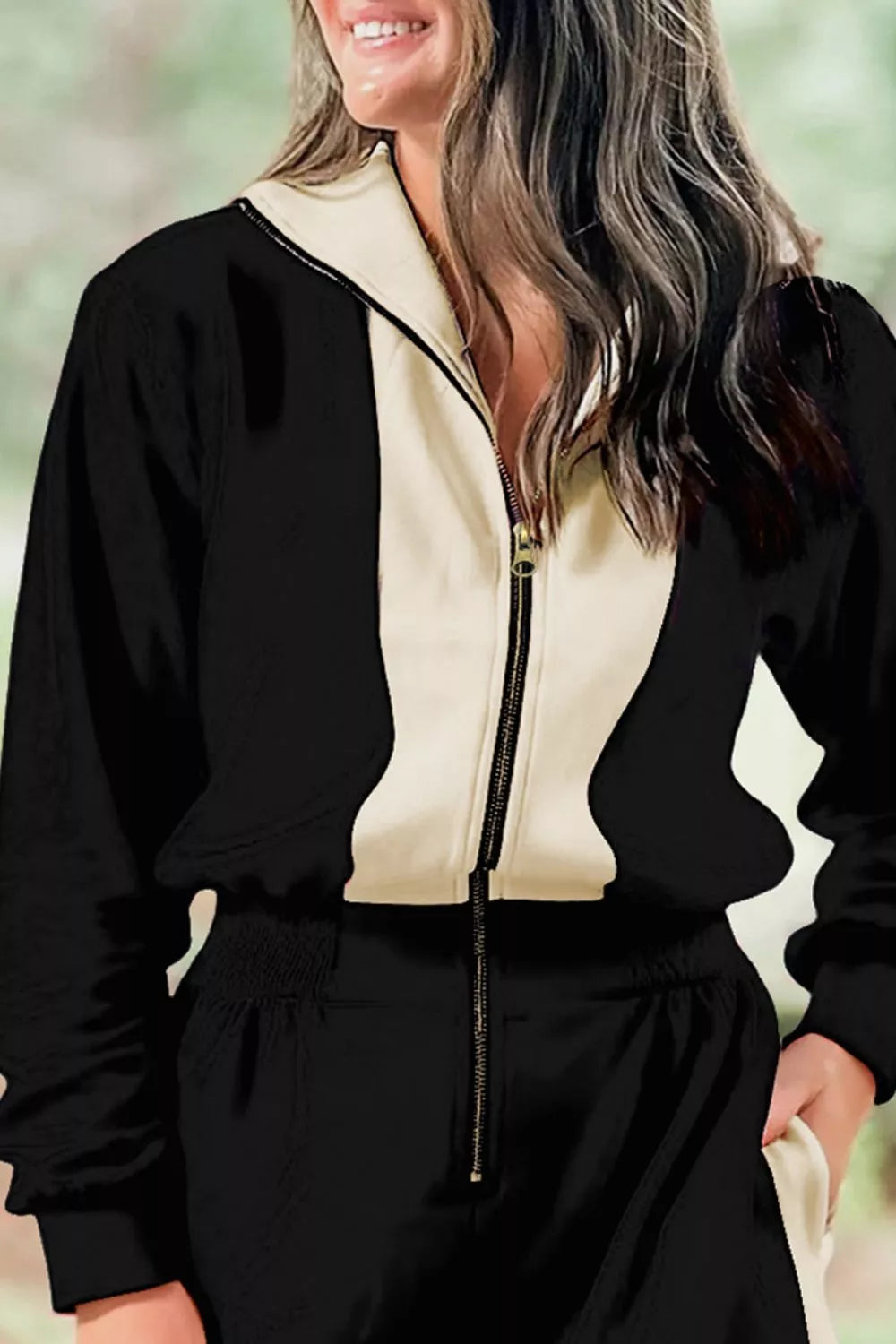 Two-Tone Zip-Up Romper Outfit Set in black and beige with front zipper, Belle Bijouix