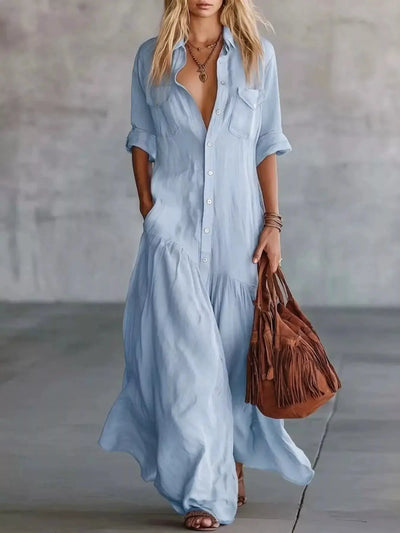 Maxi Dress | Button Front Roll-Up Sleeve with Pockets – Sizes S–3X