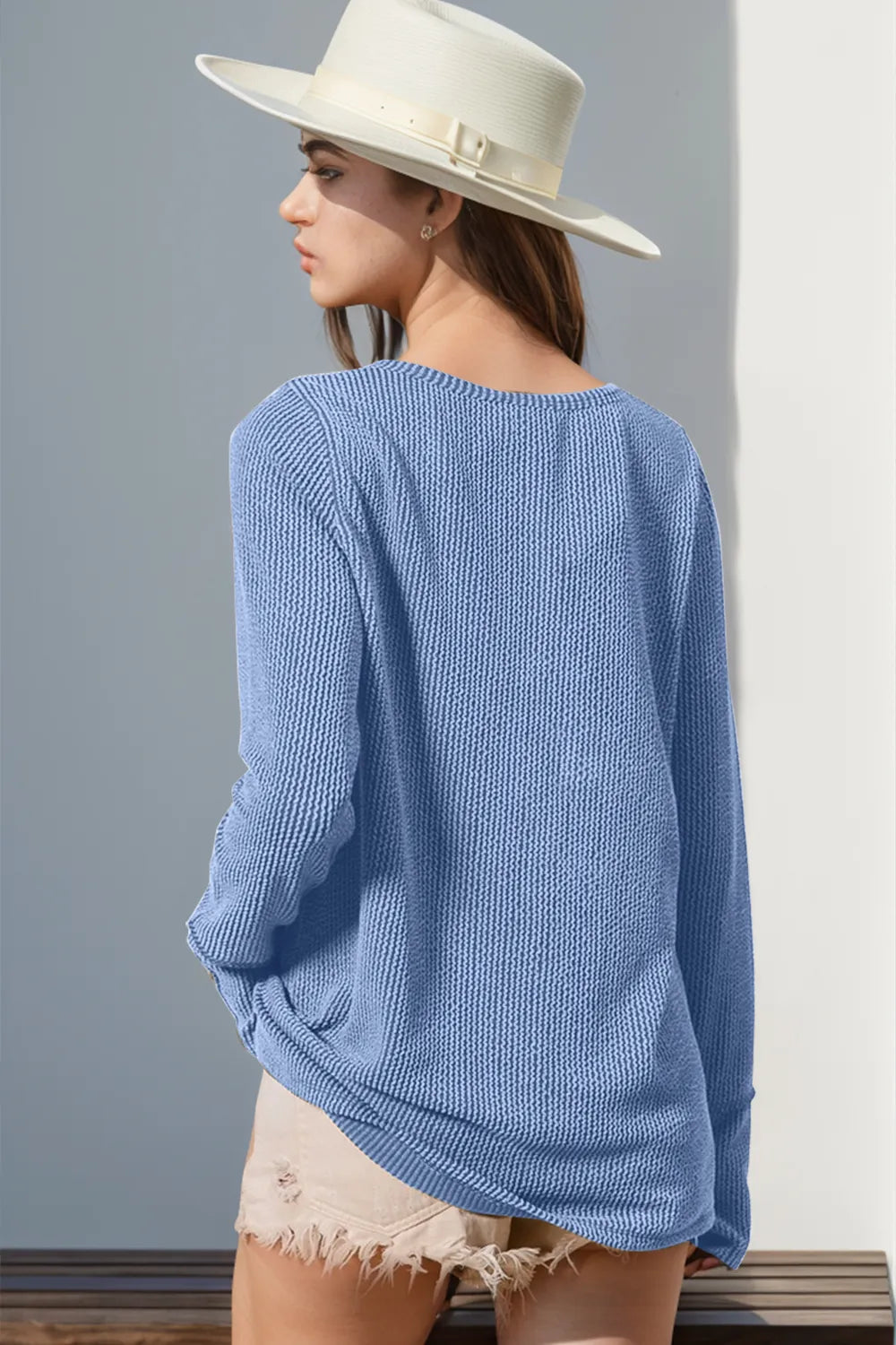 Double Take full-size notched thumbhole long sleeve T-shirt in blue knit