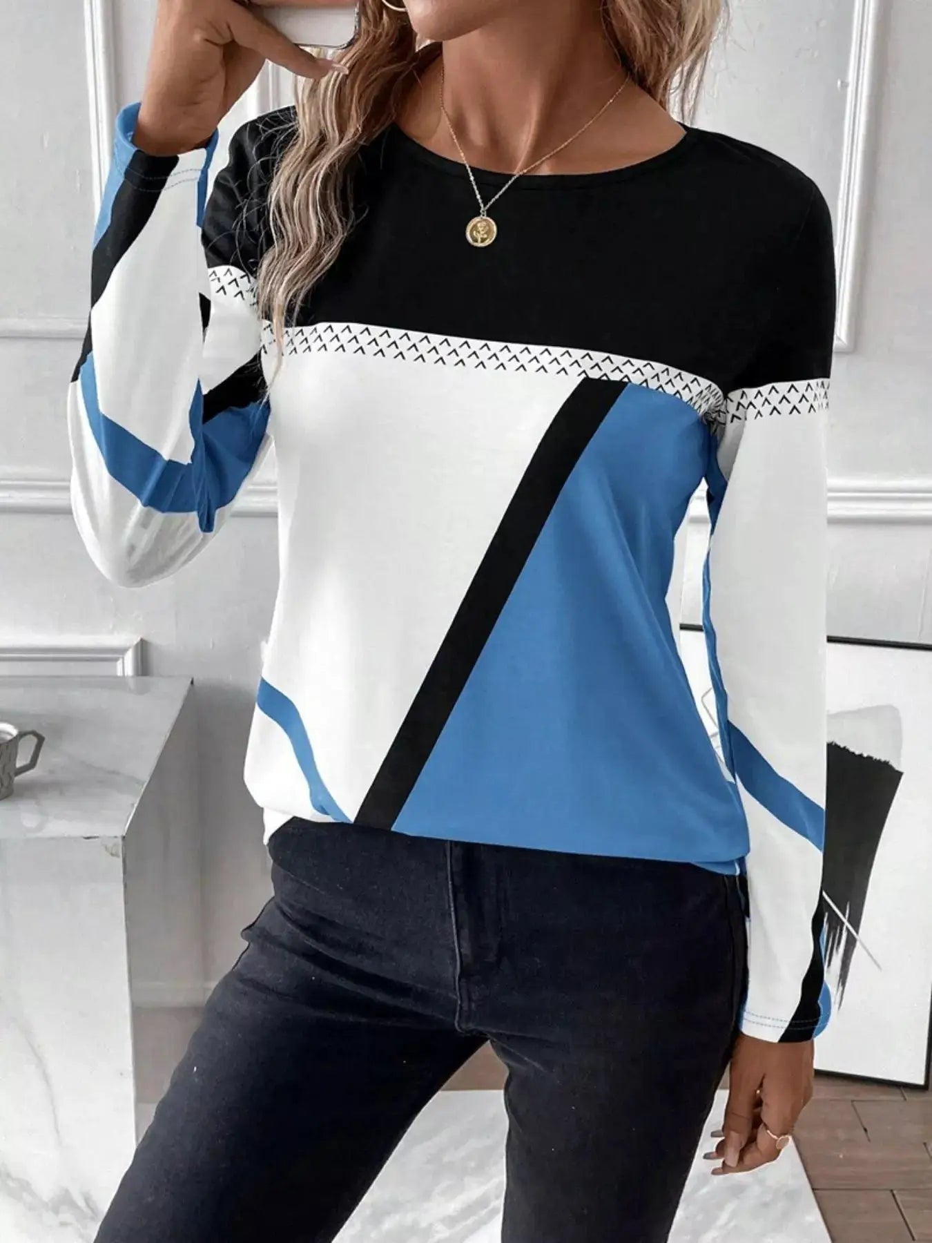 Color Block Long Sleeve T-Shirt in black, white and blue with diagonal panels