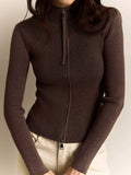 Ribbed knit zip-up cardigan, brown, tops