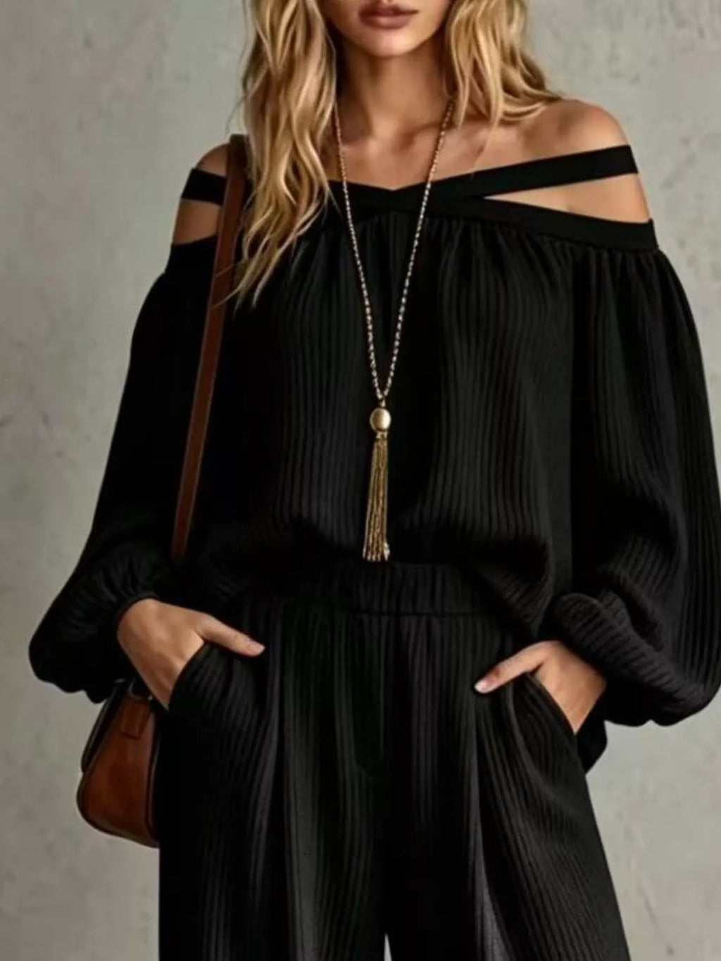 Off-Shoulder Crisscross Top & Wide-Leg Pants Set by Belle Bijouix – view 8 of 12
