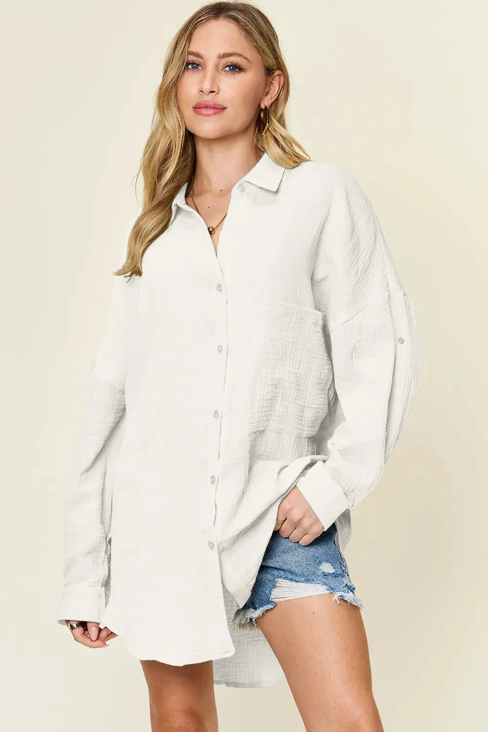 Double Take Full Size Pocketed Texture Button Up Shirt in white by Belle Bijouix