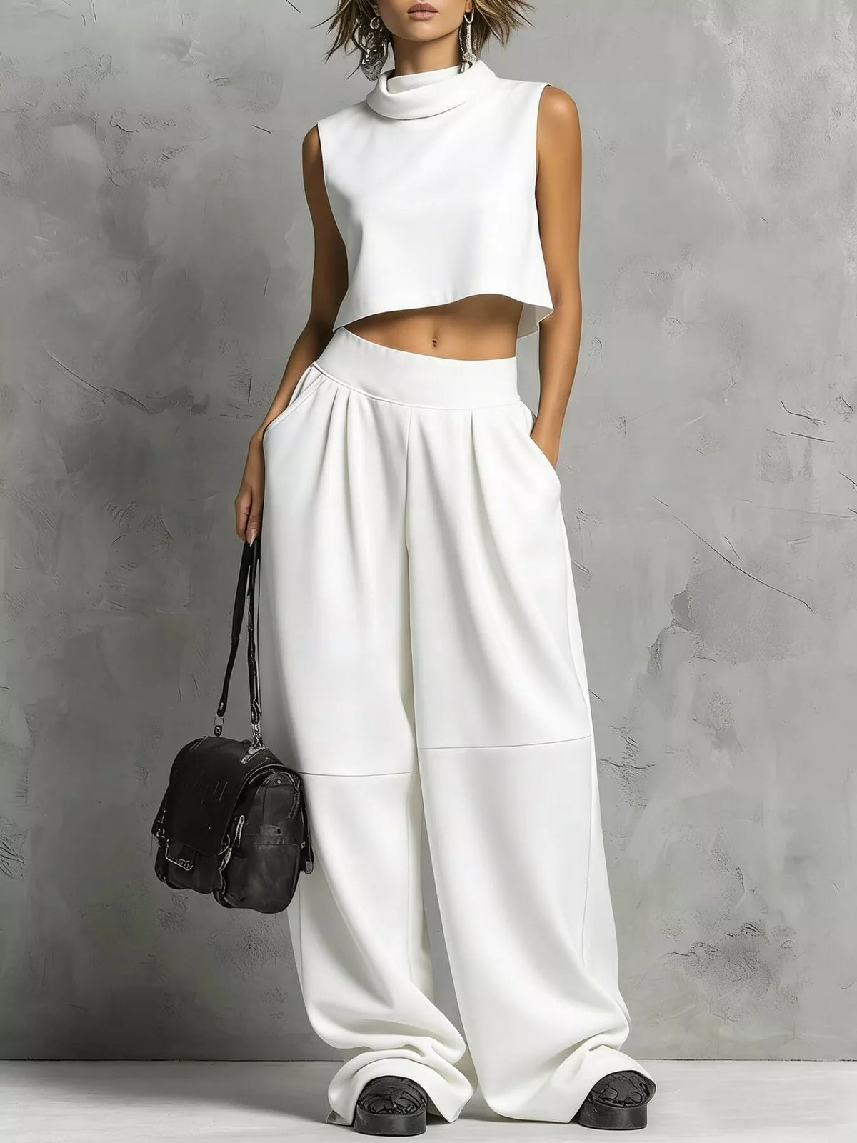 Mock Neck Crop Top & Wide-Leg Sweatpants Set