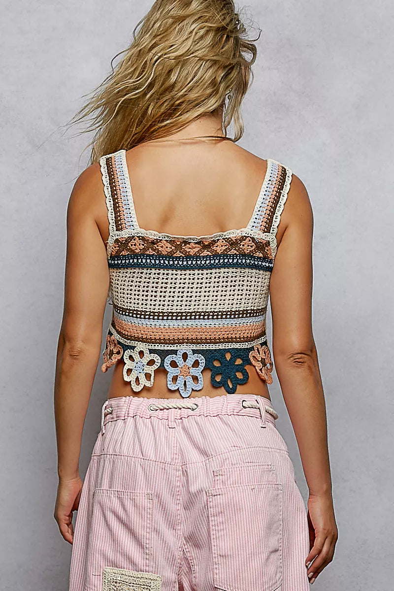 POL cutout flower cropped crochet cami with dangle detail; multicolor crochet top with floral hem, back view