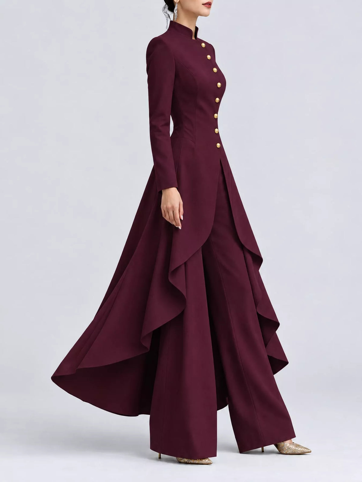 Ruffled High-Low Button Tunic & Wide-Leg Pants Set in Dark Magenta by Belle Bijouix – view 69 of 82