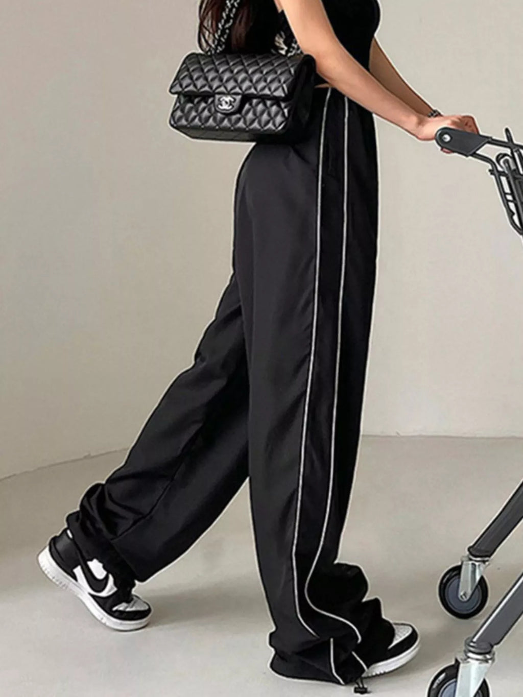 Elastic Waist Wide Leg Pants by Trendsi in black with white piping