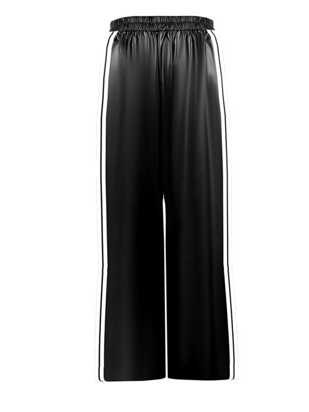Striped wide-leg pants in black with white side stripes and elastic waistband