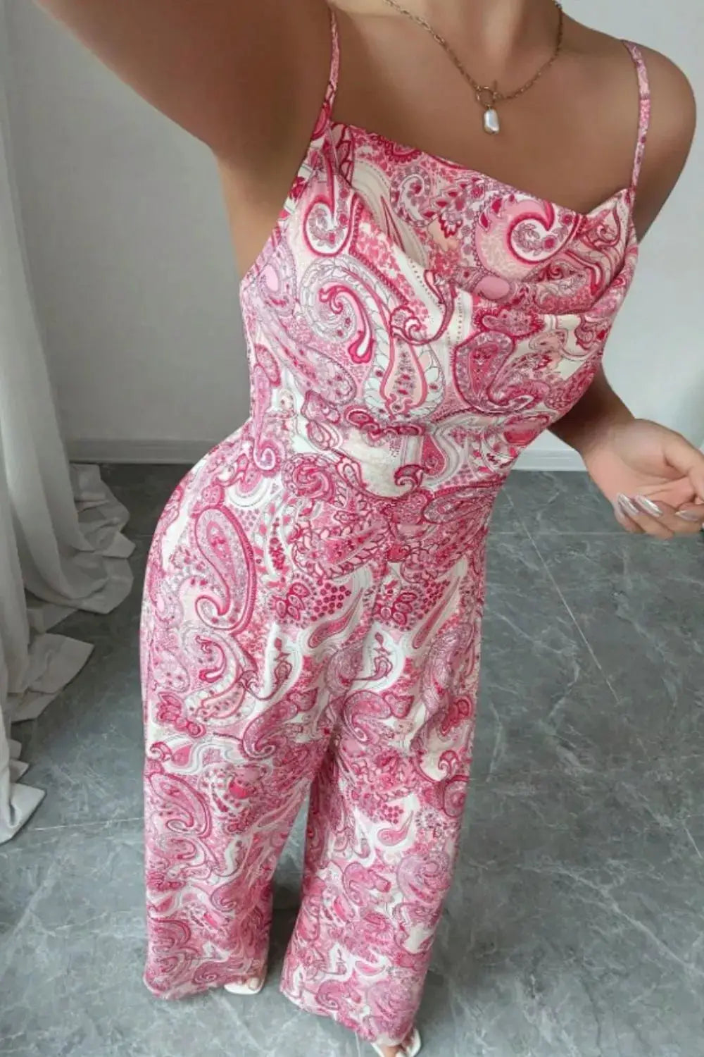 Paisley Print Wide Leg Jumpsuit in pink and white with spaghetti straps