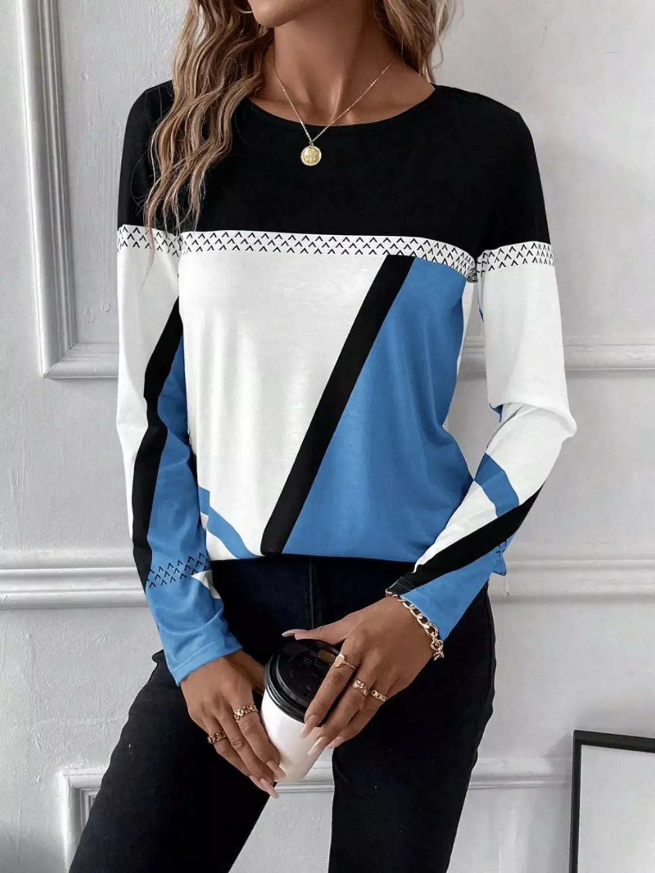 Color Block Long Sleeve T-Shirt in black, white, and blue with diagonal panels.