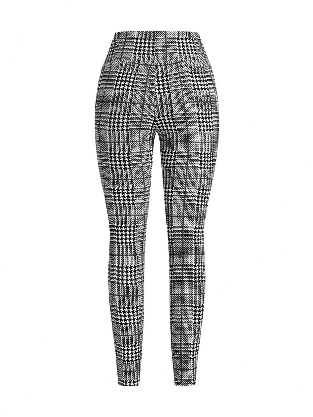 High waist plaid slim-fit pants in black and white check pattern