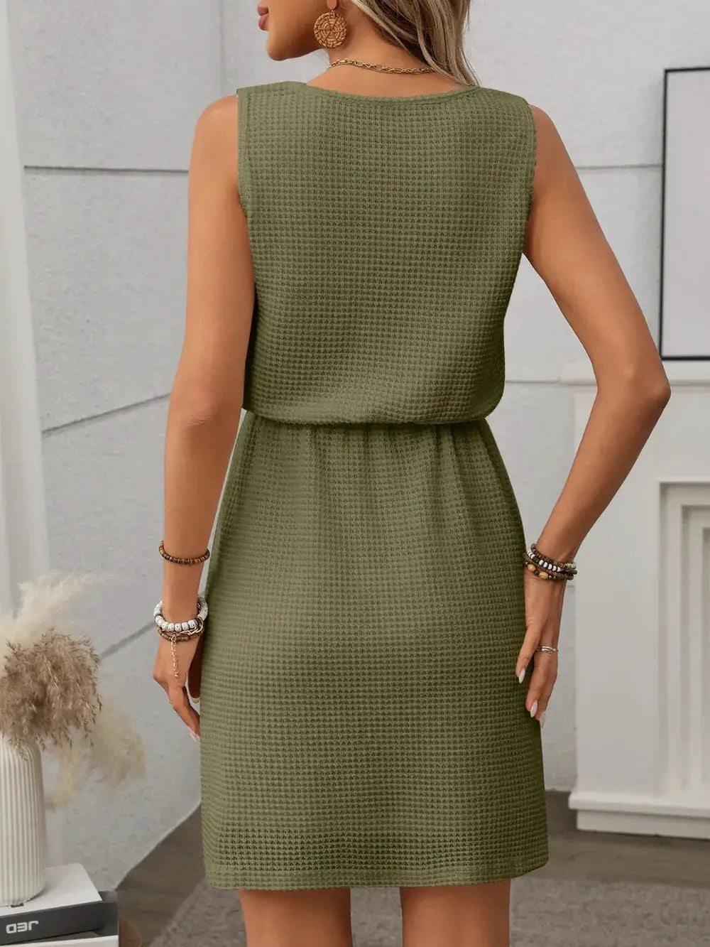 Waffle-Knit Drawstring Mini Tank Dress in olive green; sleeveless with a cinched waist